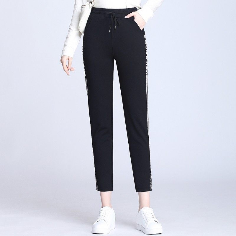 春秋季新品黑色休闲九分裤女通勤外穿运动跑步松紧腰显瘦高弹力裤