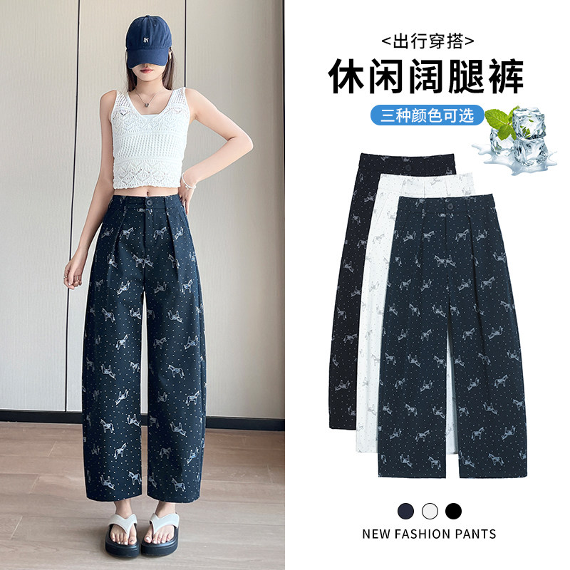 波点小马印花阔腿裤女夏季薄款小个子九分休闲慵懒窄版直筒弯刀裤图片