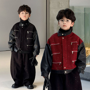 男童皮衣休闲帅气儿童夹克套装 小香风机车潮范洋气上衣加绒加厚