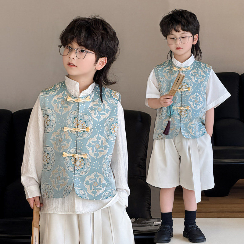 儿童汉服马甲国风套装男童新中式唐装夏季帅气小少爷生日演出服