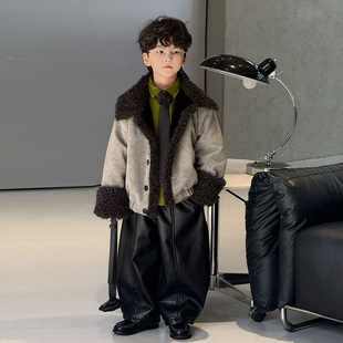 男童皮衣外套毛领秋冬新款加绒儿童夹克套装咖色休闲帅气洋气潮范