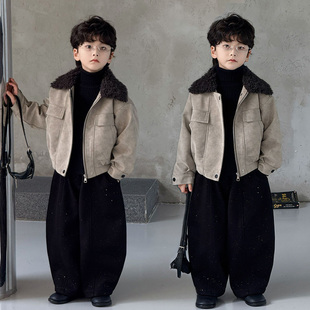 男童皮衣夹克外套2025秋冬新款加绒儿童机车服套装洋气休闲加厚