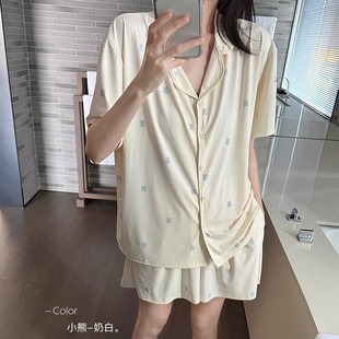 开衫 格子小熊冰丝短袖 女夏薄款 睡衣套装 翻领家居服可外穿 短裤