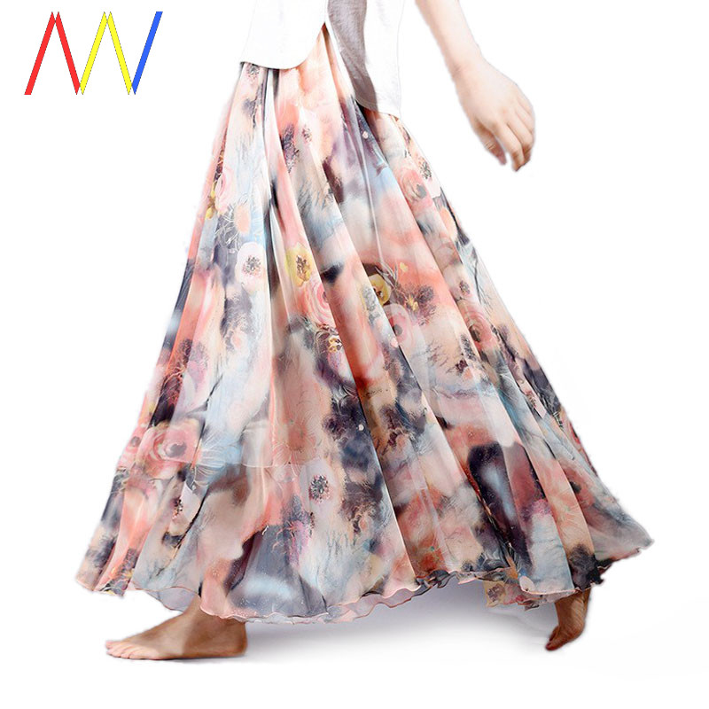 Women Floral Long Skirt Boho High Waist Chiffon Beach Skirts图片
