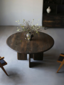 朴室侘寂风中古风复古烟熏色实木原木法国橡木圆形餐桌大圆桌