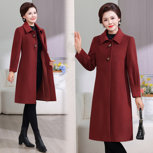 妈妈装高端羊毛呢子大衣长款过膝秋冬新品中老年女风衣羊毛呢外套