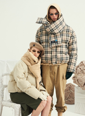 韩国正品代购SHORT PADDING保暖设计师品牌限量格纹加厚羽绒服