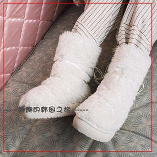 韩国代购rockfish 可爱少女保暖 卷毛绒毛中筒雪地靴时尚毛毛棉鞋