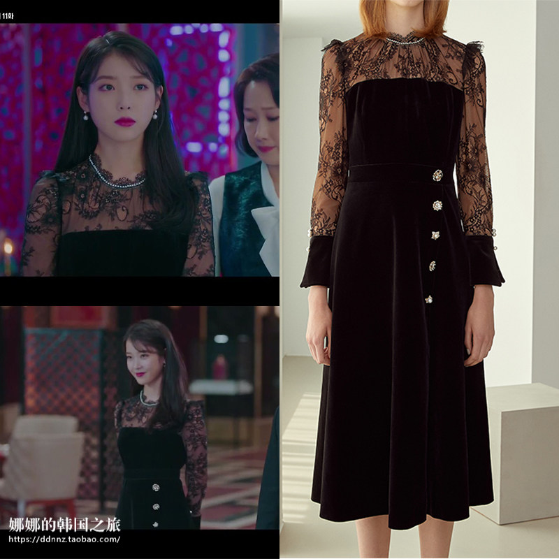 韩国同款黑色淑女高级蕾丝连衣裙