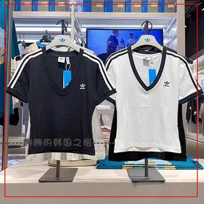 韩国代购Adidas阿迪达斯三条杠运动休闲短袖V领T恤IR8114 IU2416