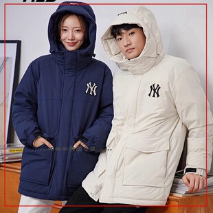 韩国代购MLB男女情侣连帽羽绒服保暖防风休闲中长款外套3ADJEC526