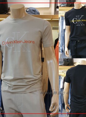 CK JEANS韩国代购直邮22春男圆领拼色LOGO休闲修身短袖T恤J320568