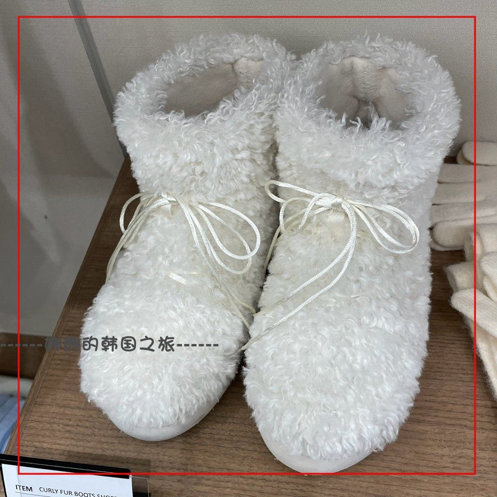 韩国代购rockfish 短款卷毛靴蓬松毛绒双排细缎带厚底保暖雪地靴