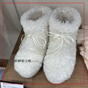 卷毛靴蓬松毛绒双排细缎带厚底保暖雪地靴 短款 韩国代购 rockfish