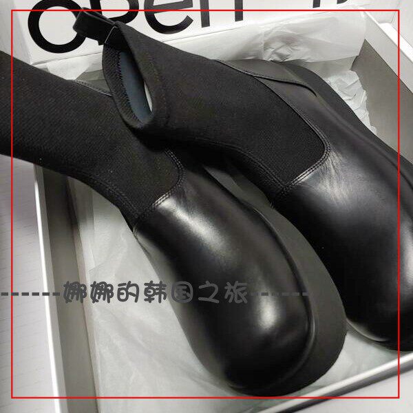 韩国代购OPEN YY 手工牛皮拼接大圆头厚底弹力腕靴短靴女靴中筒靴
