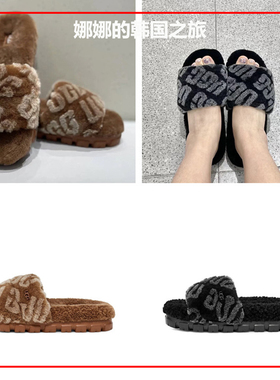 韩国代购正品UGG女款LOGO款舒适休闲茸茸一字加绒保暖拖鞋1148770