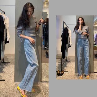 韩国正品代购RECTO. 19春夏水洗做旧毛边直筒宽松牛仔裤休闲裤潮