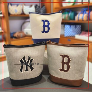 韩国代购MLB斜挎水桶包女士单肩斜挎包可调节复古托特包3ABMS072N