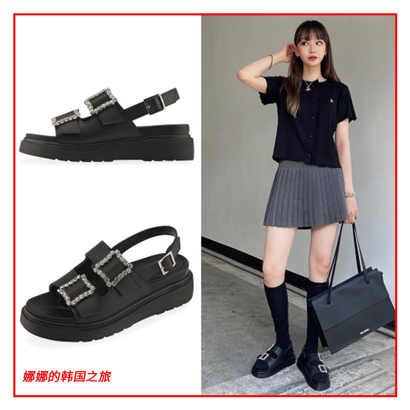 韩国代购CLLIB 正品21夏新款厚底凉鞋增高5.5cm舒适方扣水钻搭扣