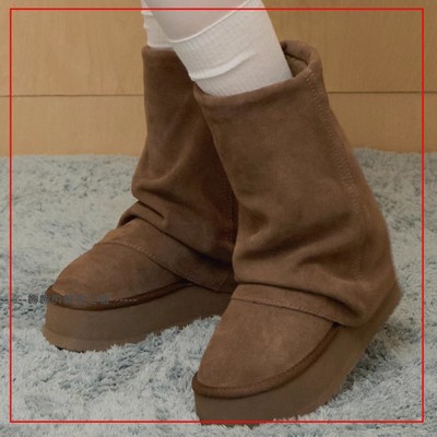 韩国代购rockfish 厚底时尚雪地靴翻盖设计懒人靴保暖棉鞋增高5cm