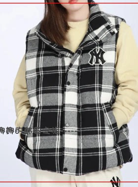 韩国代购MLB 立领运动休闲羽绒马甲黑白格纹 男女同款3ADVP0116
