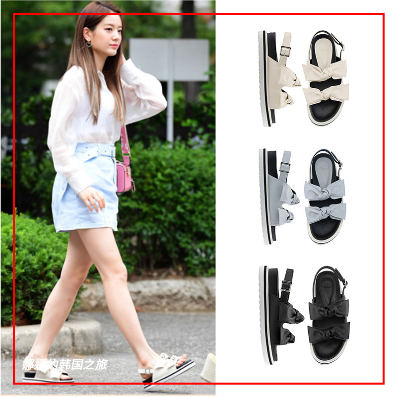 韩国代购CLLIB正品21夏新款厚底蝴蝶结绑带凉鞋平底厚底增高4.5cm