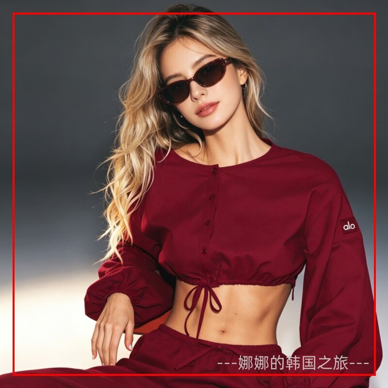 韩国代购ALO Cotton Cropped Real Deal棉质短款长袖上衣短裤套装