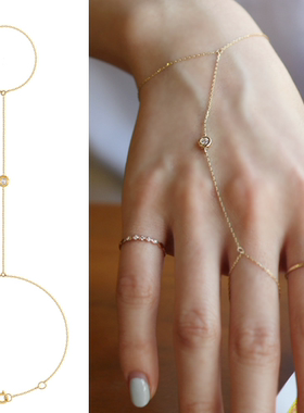 韩国正品代购dona&d简约细链条流苏真钻14K金连指戒指手链多色