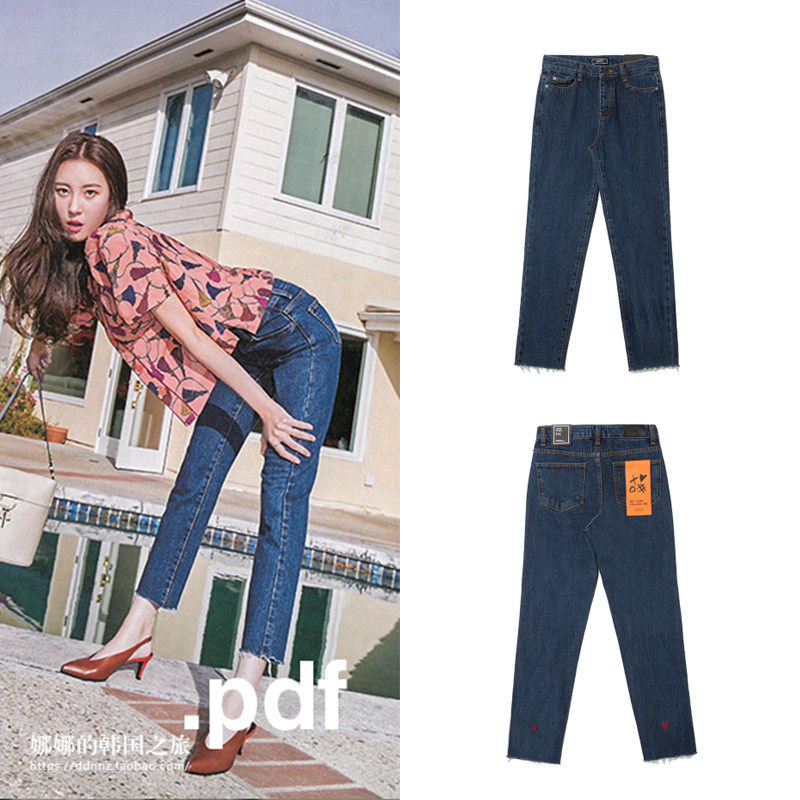 韩国正品代购宣美同款设计师品牌刺绣显瘦裤子毛边牛仔裤休闲裤