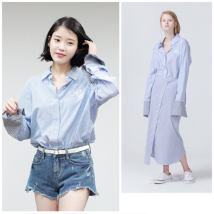 韩国正品代购 Recto 郑秀晶IU高俊熙同款休闲刺绣长袖条纹衬衫女