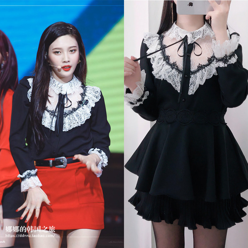 韩国正品代购直发Red velvet Joy同款蕾丝蝴蝶结拼接衬衫两色