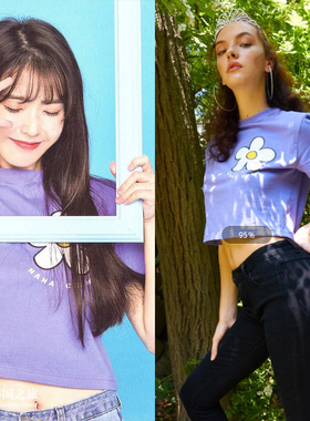 韩国正品代购直发IU李知恩同款NANA CREW小雏菊花朵紫色短袖T恤