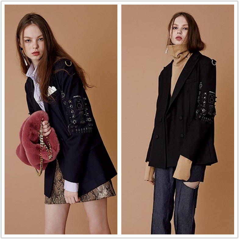 韩国代购设计师品牌MOONTAN正品金属扣铆钉印花西装外套夹克 两色