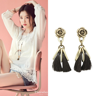 韩国正品代购jewel county雪莉同款复古做旧玫瑰双流苏耳环包邮