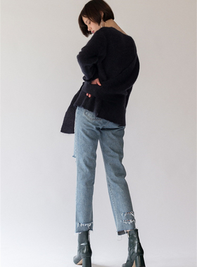 17冬韩国正品代购设计师品牌 MONTS毛边阔腿破洞修身直筒牛仔裤
