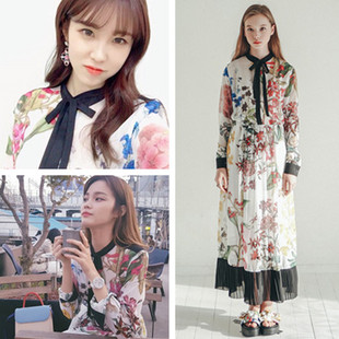 WITH STAY ME设计师品牌印花雪纺连衣裙 韩国代购 宋海娜全孝盛同款
