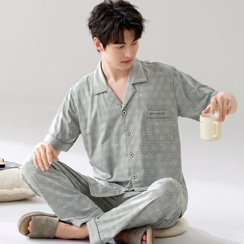 夏季男睡衣纯棉薄款休闲 全棉居家服加大码韩版 中年短袖套装长裤