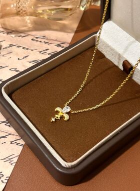 微镶锆石项链女中古风感拉丝鸢尾花百搭小众设计水滴锁骨链