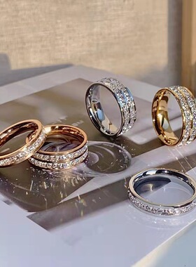 欧美个性单双排指女钛钢满钻时尚指环小众不掉色满天星首饰