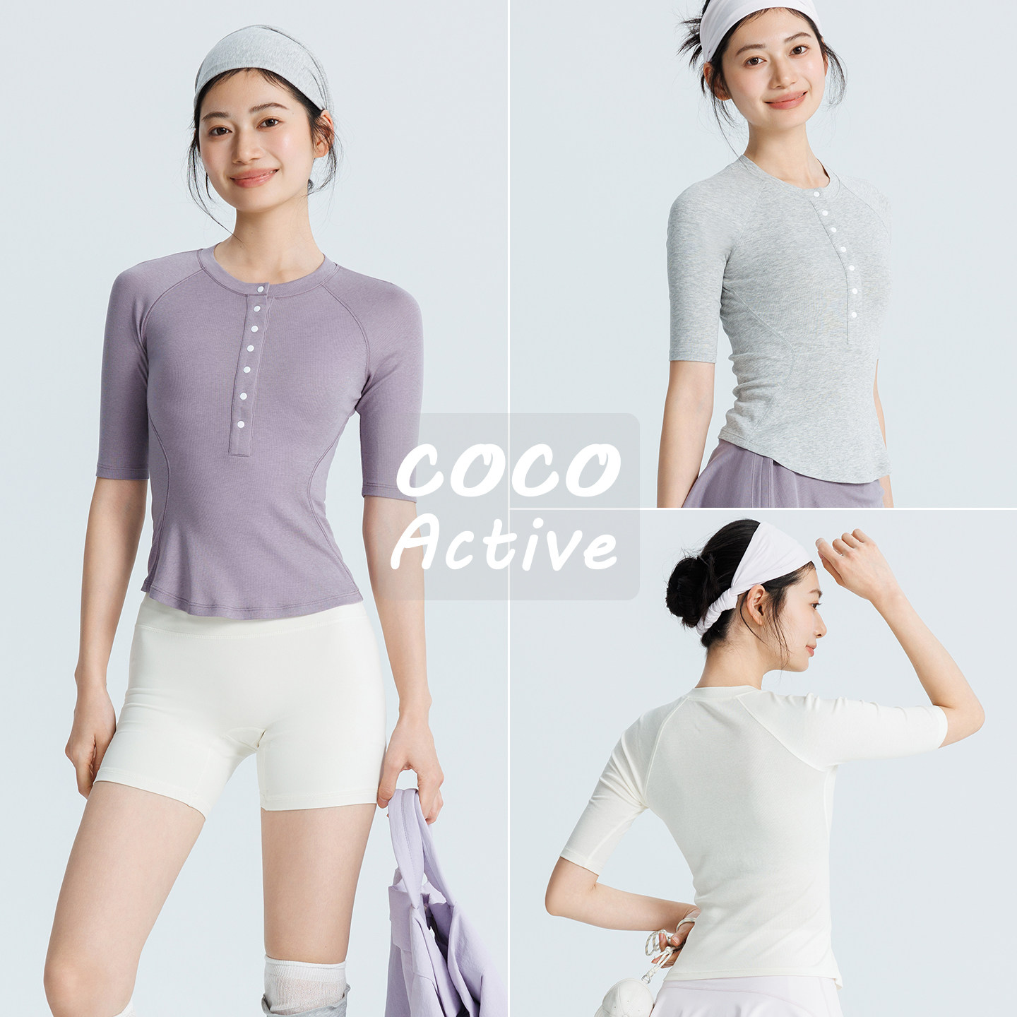 COCO春夏新品纽扣T恤中袖短款瑜伽健身服圆领亨利领运动短袖上衣