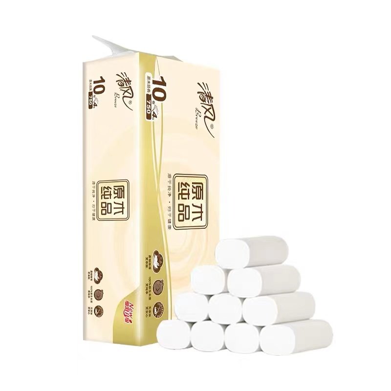 清风原木纯品无芯卷纸750g长型4层厕纸家用1提10卷实心卫生纸
