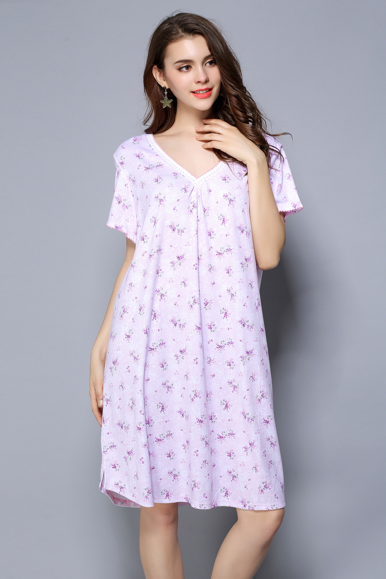 夏季女款柔软v领全棉纯棉小碎花短袖睡裙中裙大码睡衣宽松