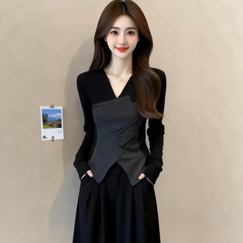 大码高级不规则假两件长袖t恤女2026春季胖MM修身显瘦打底衫上衣