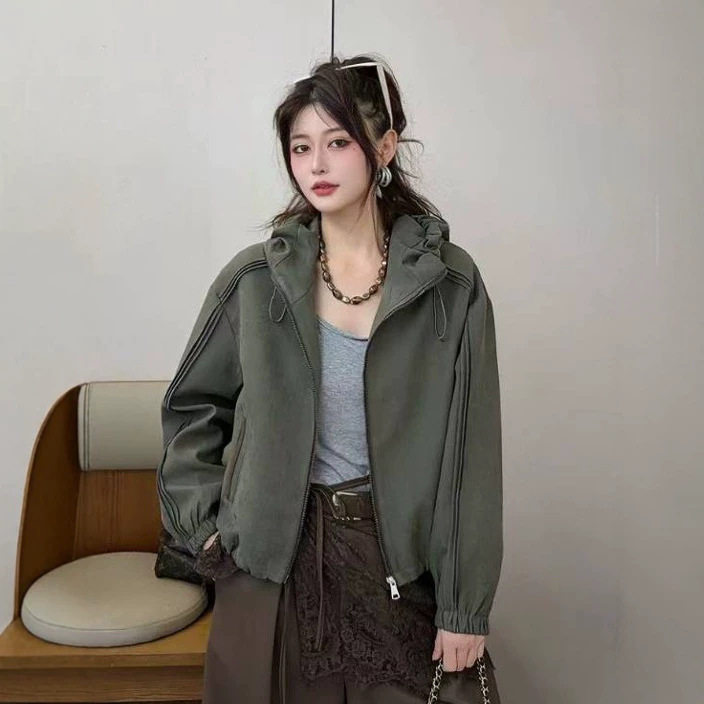 韩版设计感时尚连帽外套女2026秋季新款宽松减龄洋气百搭夹克上衣