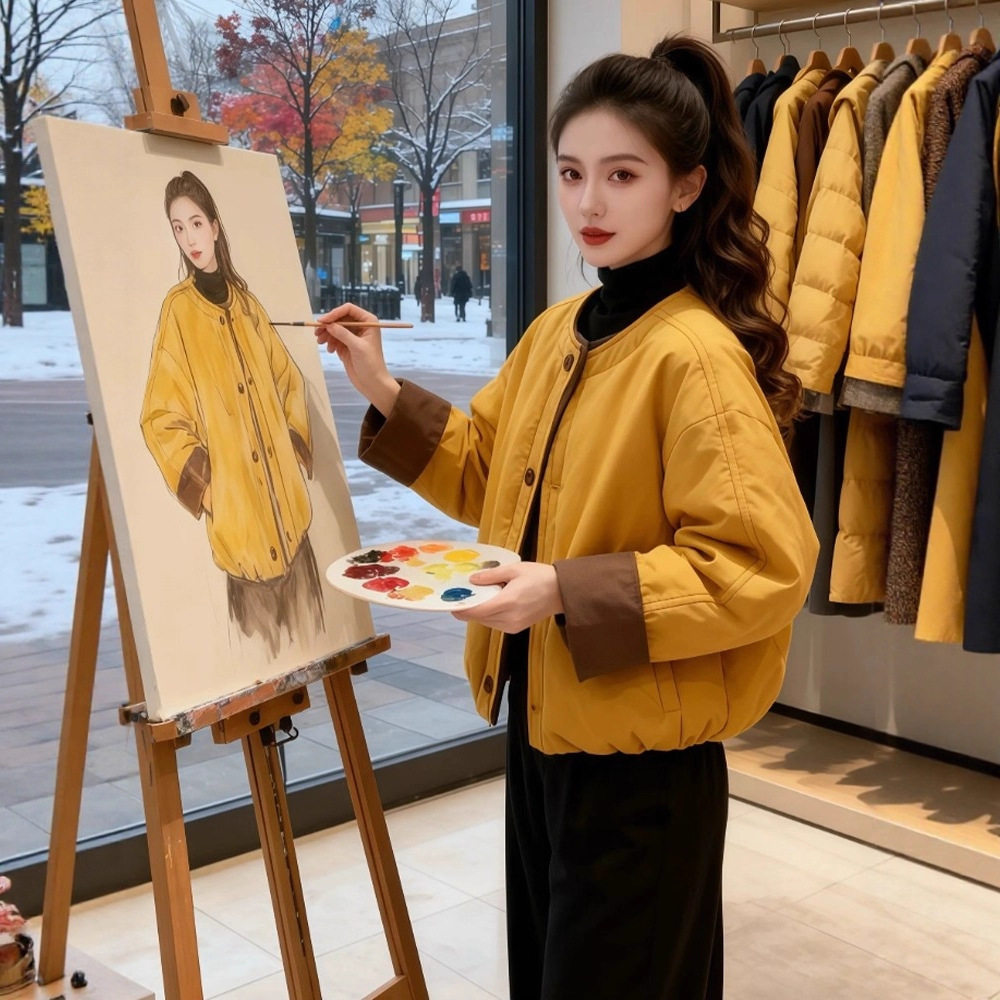 EV·女装2026新款设计感撞色包边圆领棉服外套女小个子加棉上衣