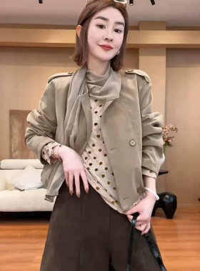 韩系设计感双排扣围巾工装外套女2026秋季新款宽松显瘦百搭上衣潮