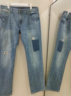 男款 牛仔裤 长裤 复古贴布破洞时尚 潮款 个性