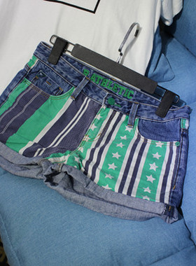 时尚拼布个性牛仔短裤 女 全棉无弹