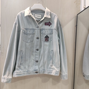 BF风美式贴布徽章小众女夹克小熊宽松复古洗水做旧牛仔外套