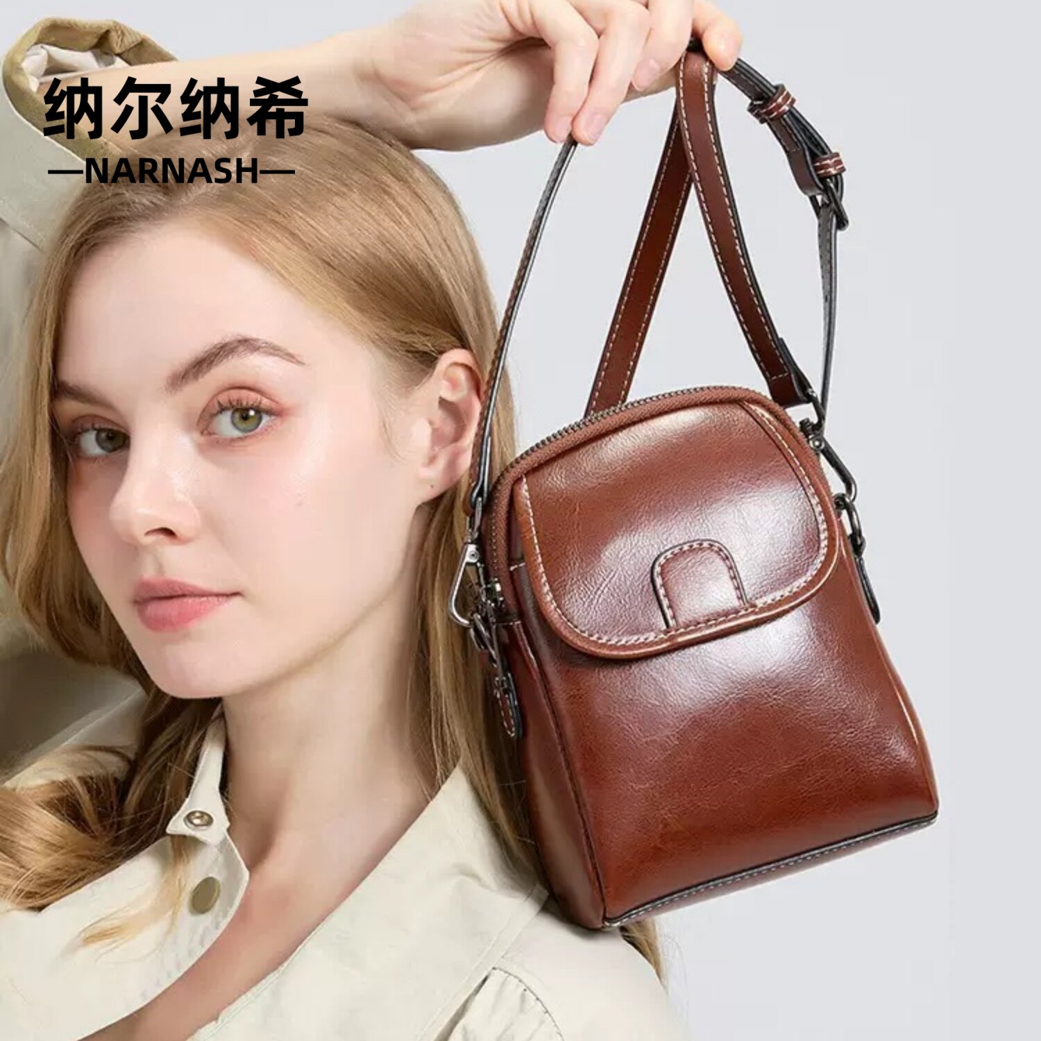 纳尔纳希复古油蜡牛皮手机包女包新款真皮小众单肩包多隔层斜挎包